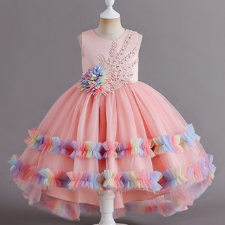 女童公主裙 無袖彩虹色拖尾裙襬禮服 粉色天藍色花朵裝飾洋裝 兒童生日派對聚會表演服裝