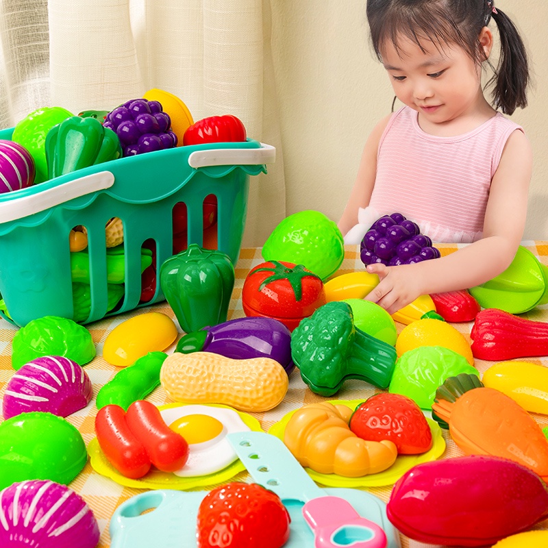 糖米（Temi）兒童玩具仿真水果蔬菜切切樂 男孩女孩過傢傢廚房玩具切水果手提籃套裝 26件套