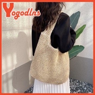 Yogodlns 時尚籐編女士單肩包編織大容量夏季海灘手工草編包
