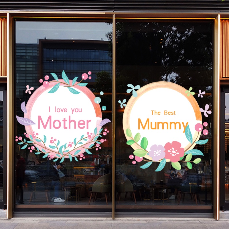 靜電貼 現貨 母親節 玻璃貼 裝飾 商場玻璃門櫥窗靜電裝飾母親節花環貼畫服裝鮮花首飾店鋪佈置貼紙
