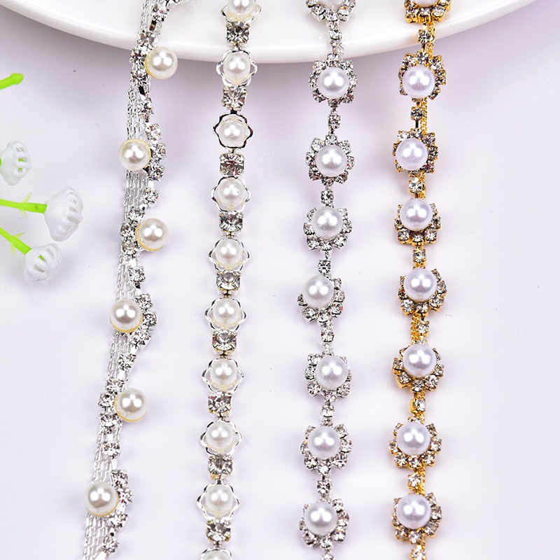1 碼銀白色珍珠水晶裝飾縫在水鑽金屬鏈上,用於服裝婚紗腰帶鞋裝飾