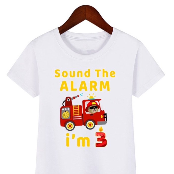 兒童時尚消防車/消防車印花 T 恤 1-8 歲男嬰白色短袖 T 恤童裝夏季