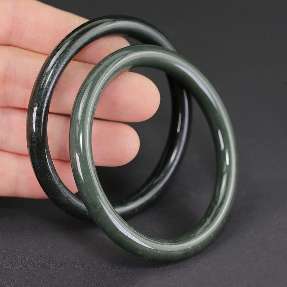 天然玉石手鐲 圓條0.8cm 深綠玉鐲子 深綠飄花手環