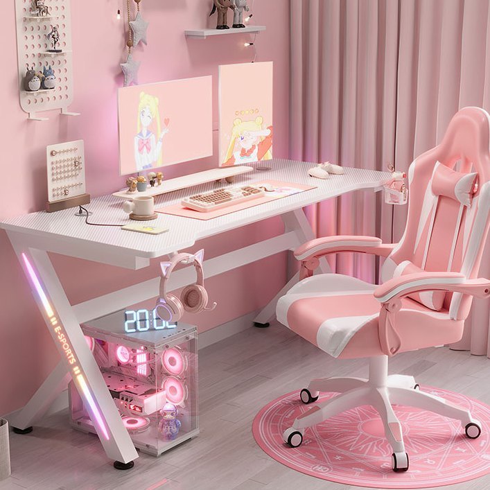 粉色電競桌 書桌 浪漫女生桌 電腦桌 台式桌 游戲家用直播桌子女生卧室桌椅套裝組合書桌