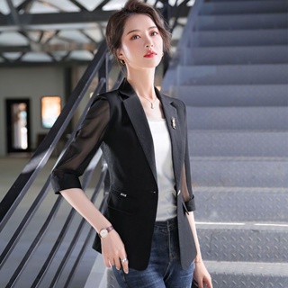 夏季女裝薄款小西裝外套女短版2024新款韓版緊身七分袖西裝女上衣