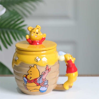 迪士尼維尼熊馬克杯卡通帶蓋水杯大容量陶瓷杯子兒童牛奶杯咖啡杯