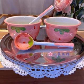 勺子 湯勺 甜品勺碗 高顏值手柄碗 三件式草莓米飯碗 餐具 陶瓷碗 草莓手柄碗 米飯碗 陶瓷勺