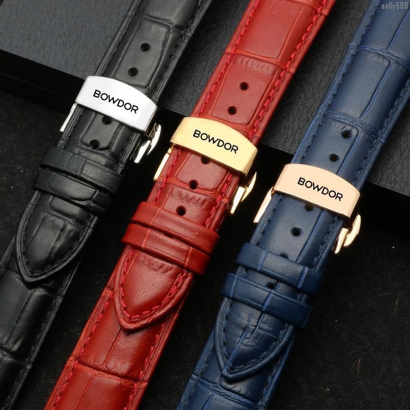 《柔軟舒適》BOWDOR寶舵手錶帶真皮錶鏈男女替換原裝紅色黑色不鏽鋼蝴蝶扣20mm