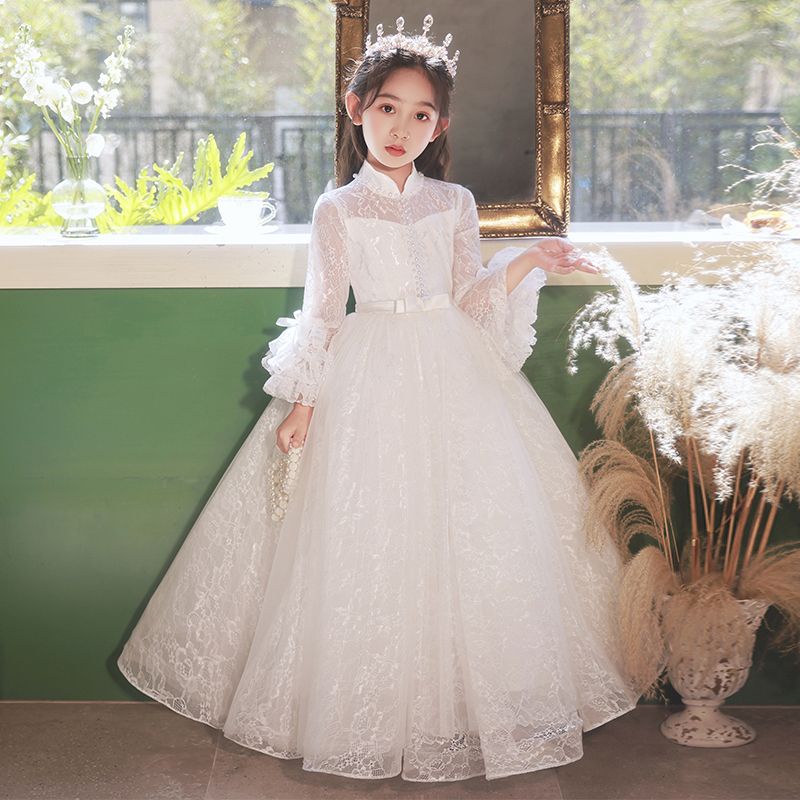 女童晚禮服冬季白色蕾絲超仙花童婚禮小生日公主鋼琴演奏