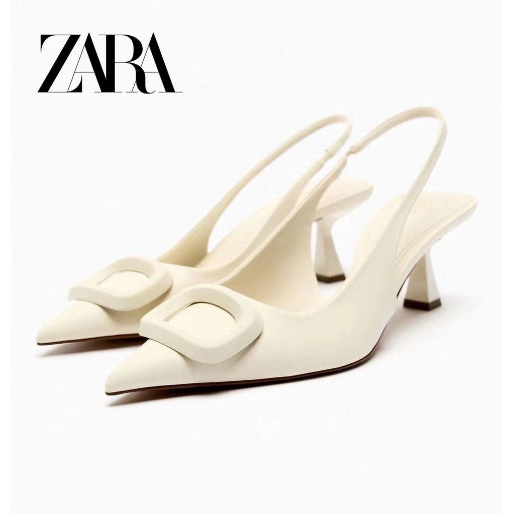 ZARA 高跟新款女白色裝飾品細節露跟高跟鞋後絆帶尖頭鞋涼鞋