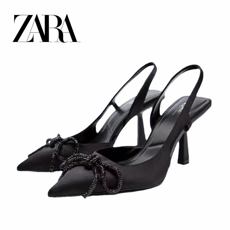 ZARA 新款女鞋黑色高跟鞋亮飾蝴蝶結露跟穆勒鞋尖頭細跟單鞋
