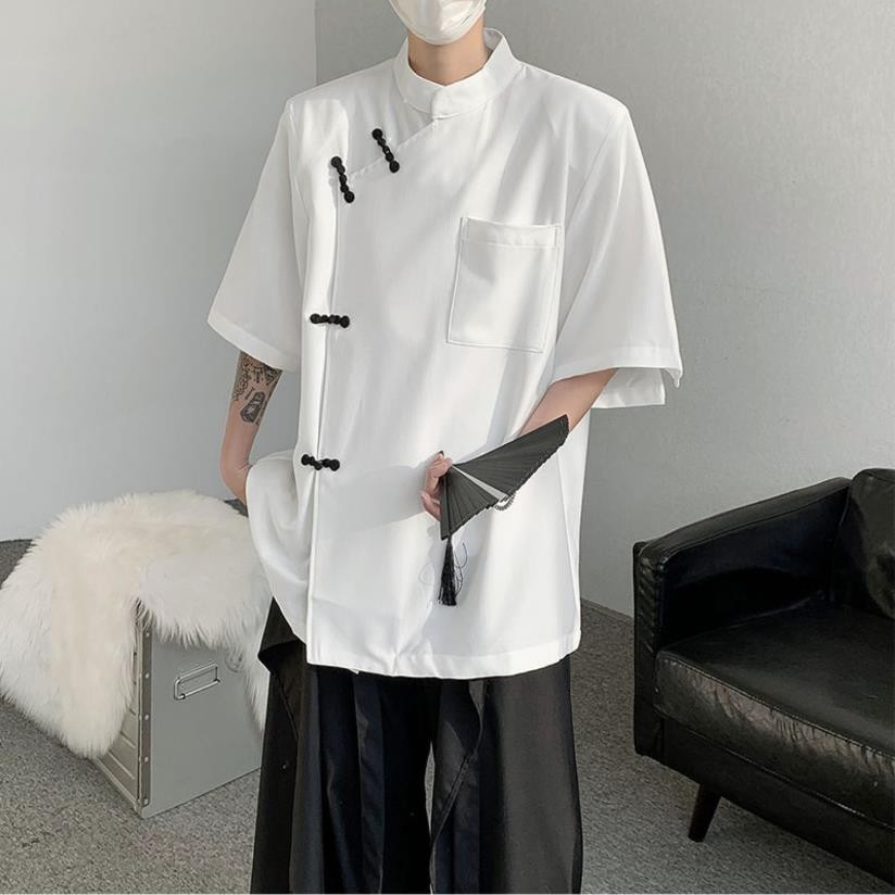 新中式國風盤扣襯衫男短袖潮牌高級感無領襯衫中山裝外套套裝
