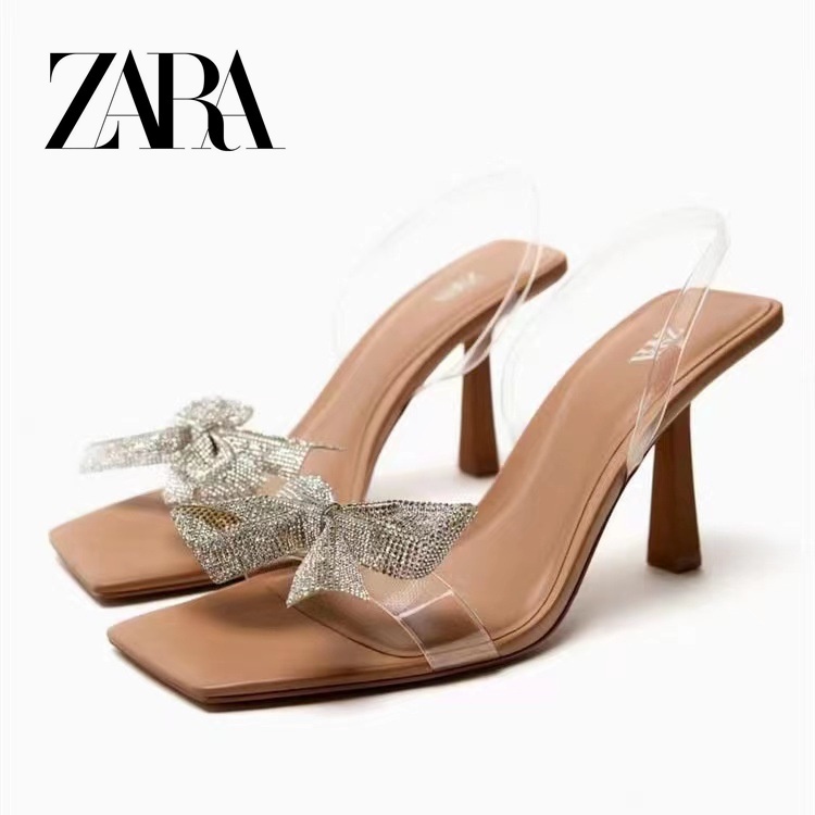 ZARA 高跟鞋新款天然色蝴蝶結飾透明後絆帶一字帶高跟鞋涼鞋