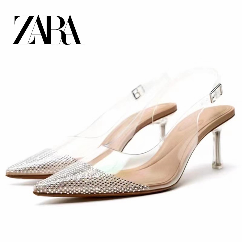 ZARA 女鞋水晶鞋水鑽透明尖頭顯腿長高跟鞋細跟包頭涼鞋