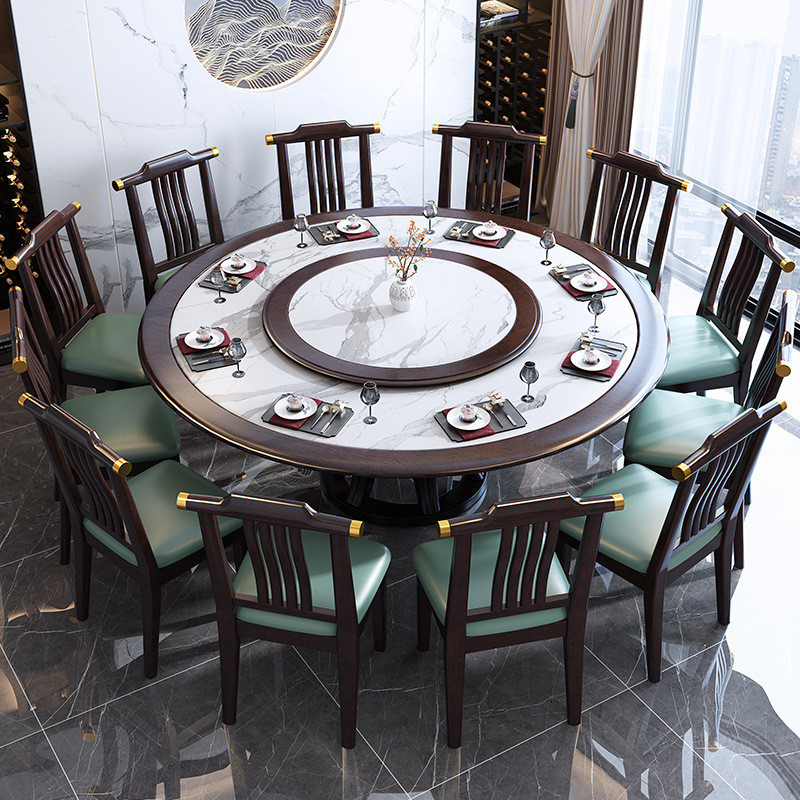 新中式實木巖闆餐桌酒店餐廳2米帶轉盤16人圓桌傢用圓形餐桌飯桌