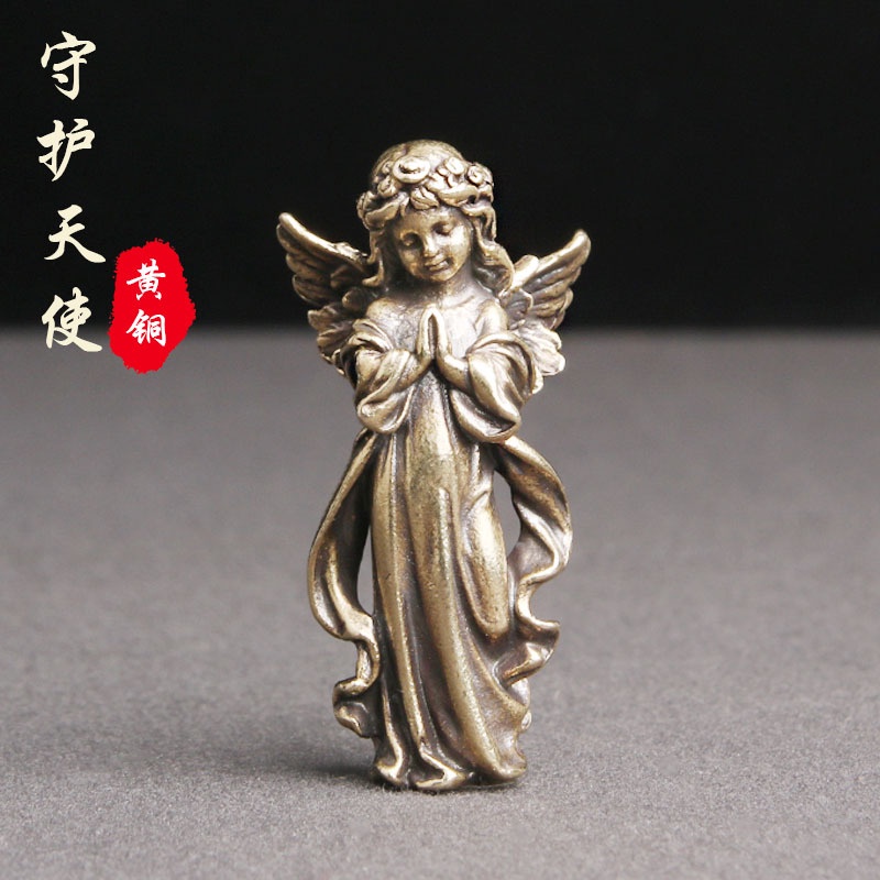 微型雕塑黃銅守護天使桌面擺件愛神丘比特歐美神像銅雕神像擺飾工藝品