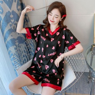 睡衣女薄款模擬絲家居服冰絲天空短袖睡衣女薄款模擬絲家居服冰絲天袖可愛卡通V領開衫兩件套裝 ST26