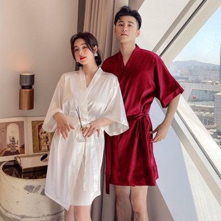 情侶睡袍女素色真冰絲綢薄款性感中長款睡衣大尺碼男浴袍家居服