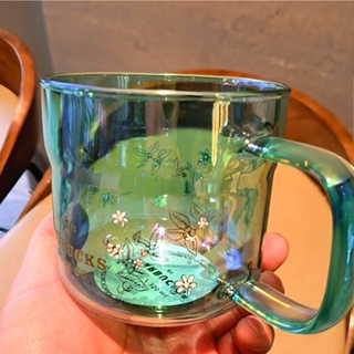 ★ins星巴克杯子 高顏值綠色咖啡力量咖啡花玻璃杯耐熱把手小清新水杯子成人圓形杯