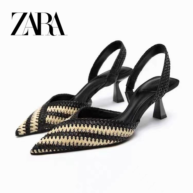 ZARA 高跟鞋新款尖頭透氣後絆帶拼色休閒氣質高跟涼鞋