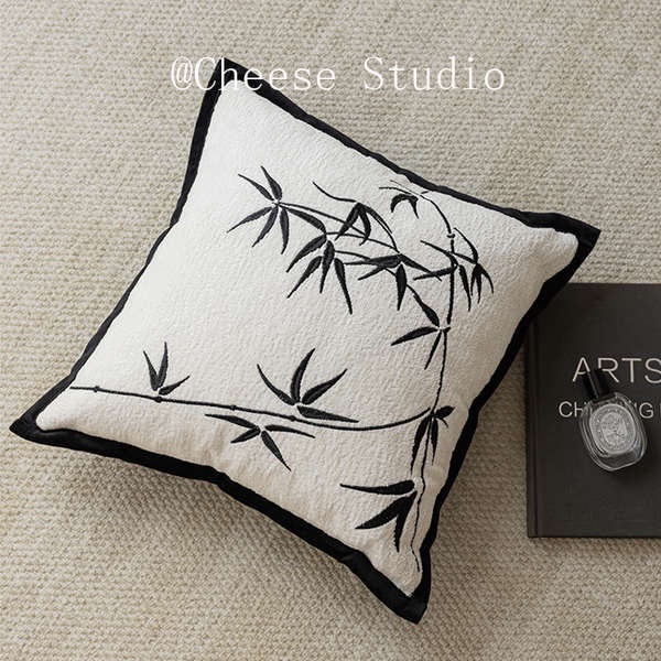 竹子抱枕法式中國風復古現代簡約黑白色客廳沙發雪尼爾腰枕靠墊套