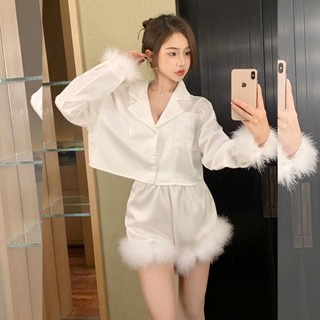 【K2aola女裝館】 2023女式領、pamas、短褲、家居2023西領純色冰絲睡衣女式長袖短褲