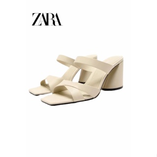 ZARA 粗跟女鞋 淡米黃色粗跟牛皮革高跟涼鞋