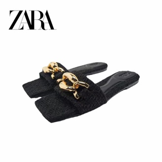 ZARA 平底拖鞋女鞋黑色鏈飾毛妮平底外穿涼拖涼鞋