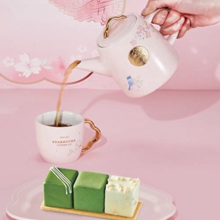 ◆ins星巴克杯子 時尚杯子 星巴克銅章櫻花如意茶壺咖啡杯碟盤組粉色馬克杯大容量辦公室水杯