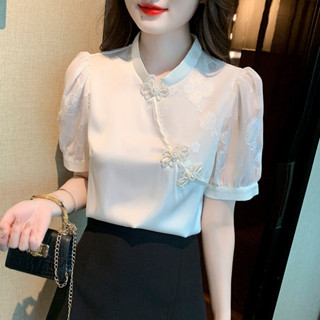 Summer white chiffon shirt Chinese style women's summer wear