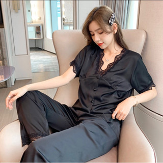 【K2aola女裝館】 現貨Pamas套裝女式睡衣蕾絲襯衫和褲子長袖套裝絲綢緞面睡衣Bu Tidur Wanita