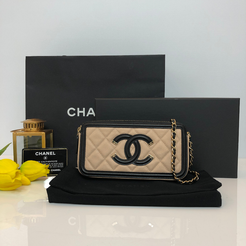 香奈兒 Chanel CC 鍊式花絲錢包 (WOC) 黑色 x 米色魚子醬 – 淺金色硬件