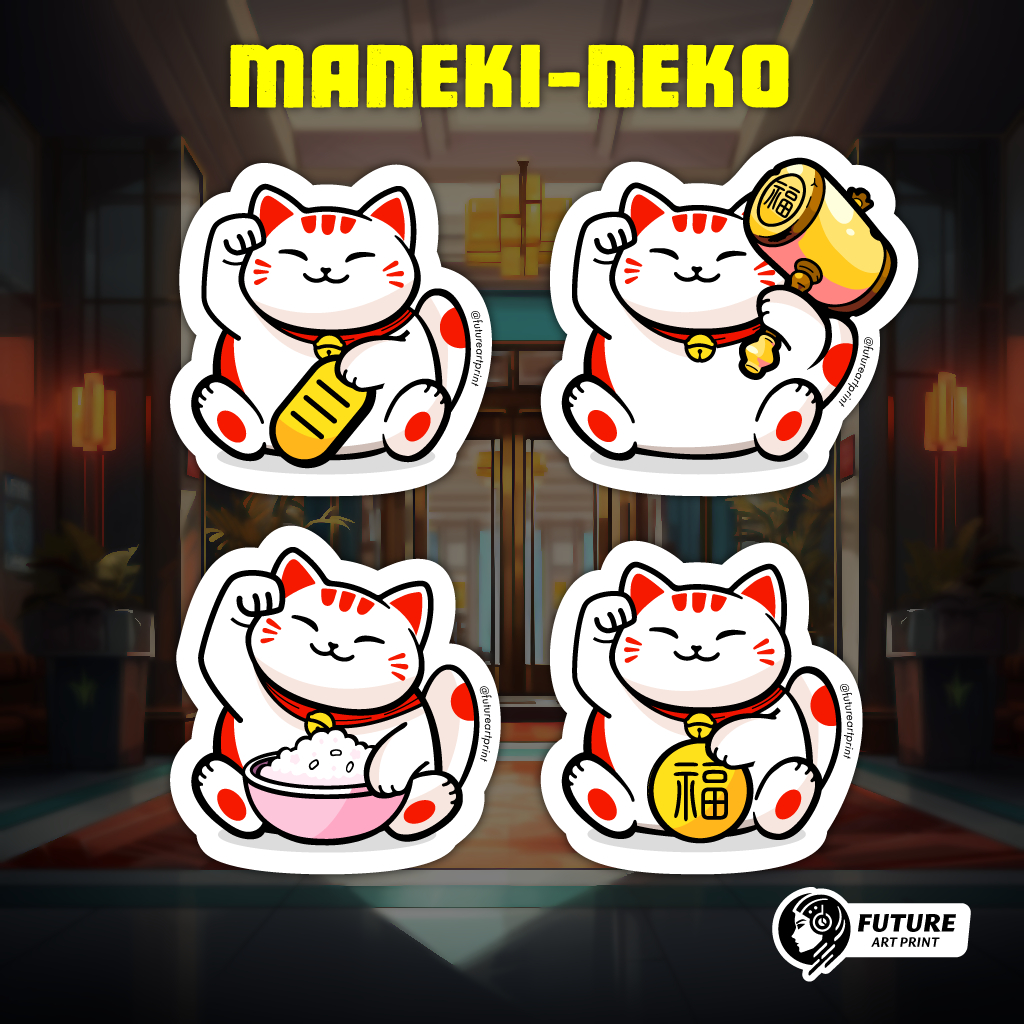Maneki-neko 招財貓。 幸運財富財富貼紙。 爪子揮舞,金幣塊,飯碗,魔術槌錘。