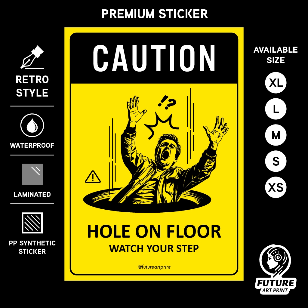 地板上的孔。 注意你的步驟。 危險地井下水道魯邦。 高級貼紙標誌通知警告危險標牌。
