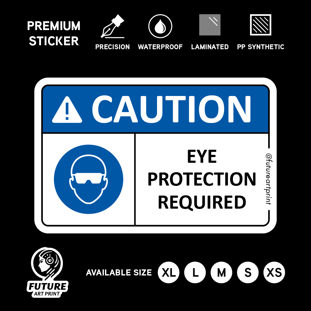 注意。 眼睛保護需要。 護目鏡眼鏡。 高級貼紙標誌警告危險標牌安全標籤。