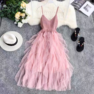 [Ready Stock現貨]❗️小眾洋裝針織V領露背不規則層層網紗蛋糕裙🔥#Dress#Pinky#Sweet🛍🔥