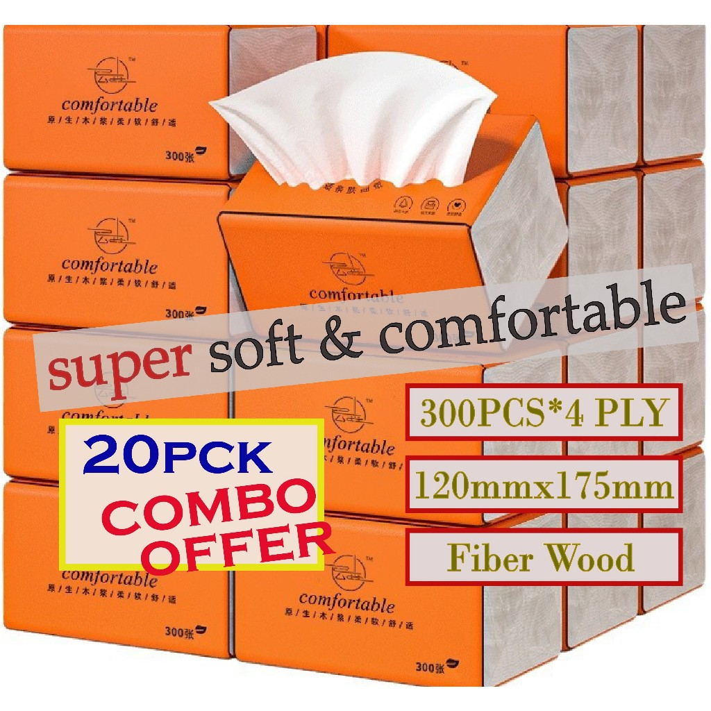 (20PCK) Tissue Soft Face Tisu 300pcs 無熒光紙巾面巾紙衛生紙原木衛生紙可濕水紙巾