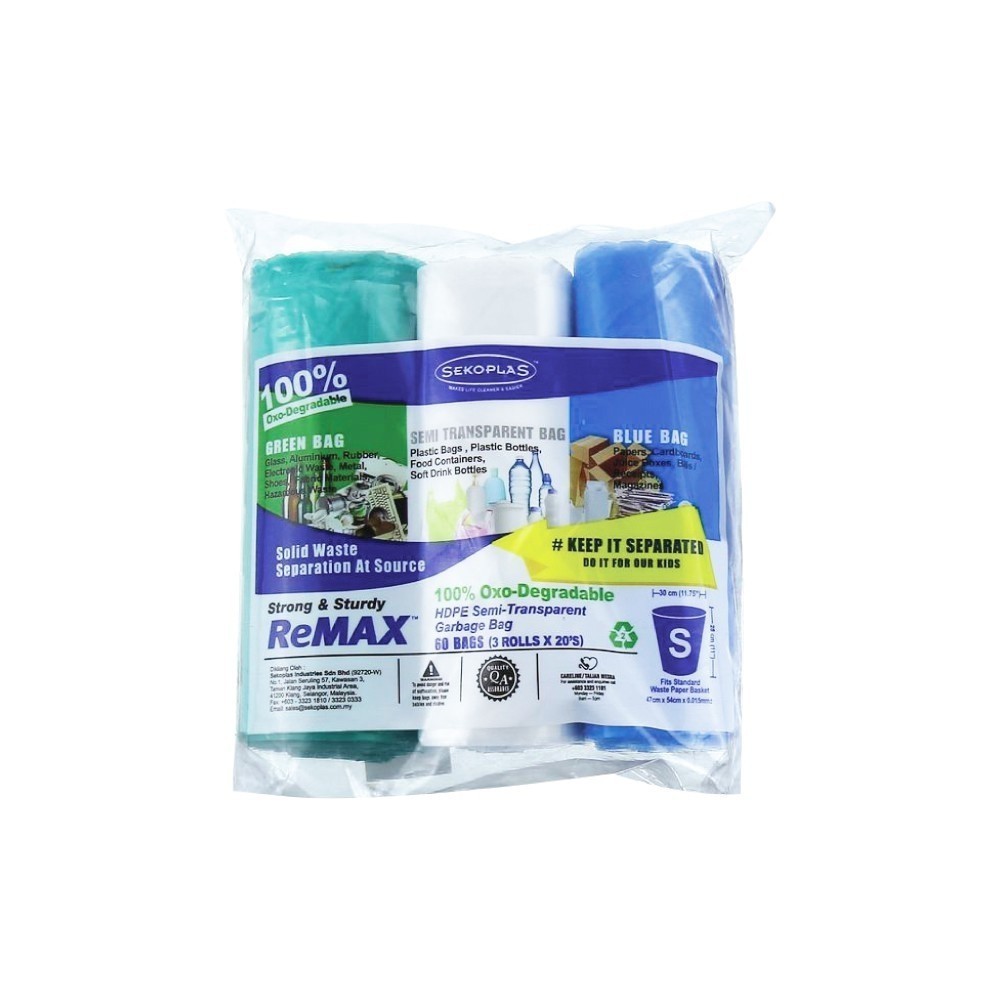 Sekoplas 多色 ReMAX HDPE 半透明垃圾袋小號(3 個 x 20 個)