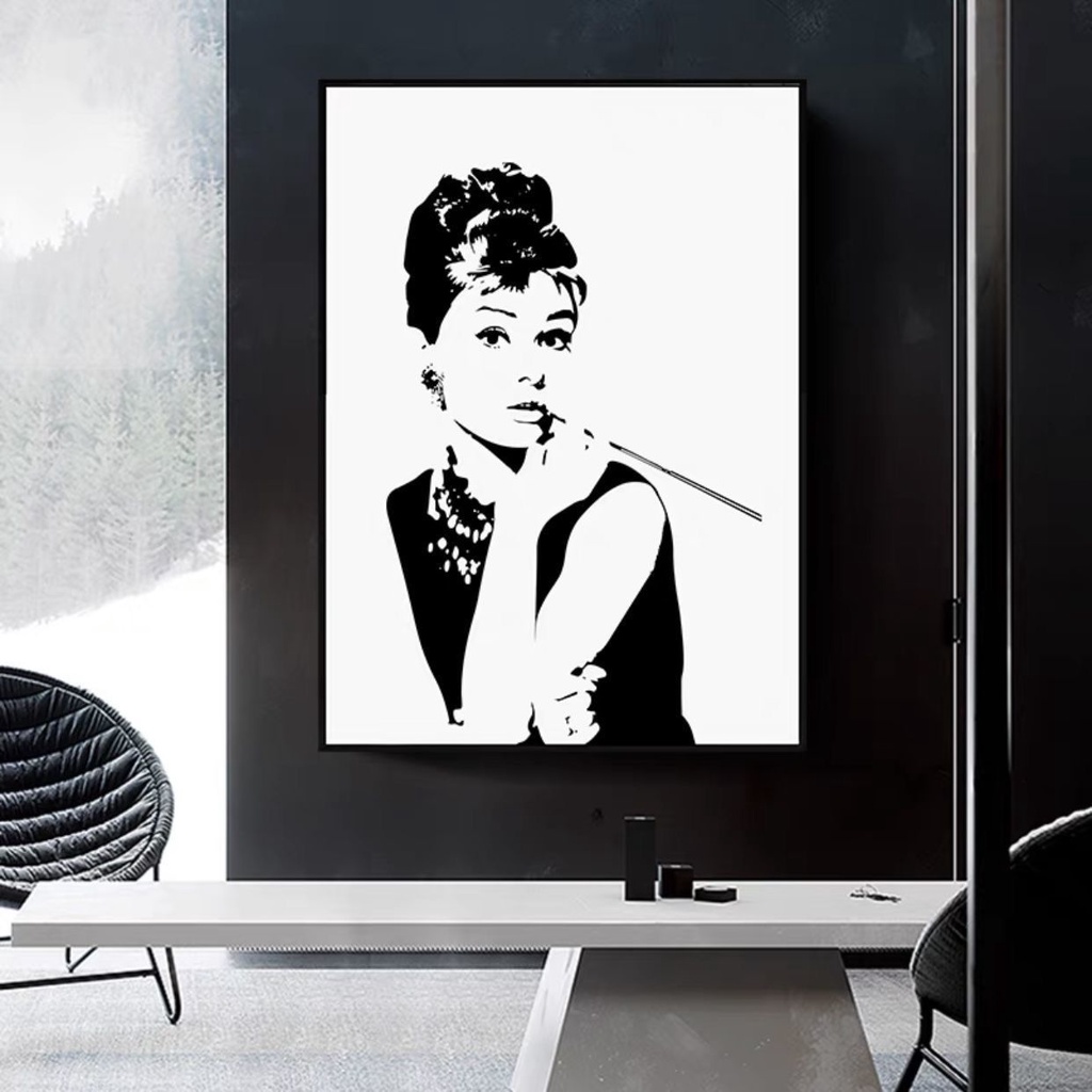 赫本剪影奧黛麗赫本海報牆壁畫人物裝飾畫樣板間展廳黑白掛畫美女