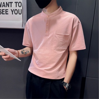 【M-3XL】緊身棉麻立領短袖T恤夏季男士粉色短袖Polo衫