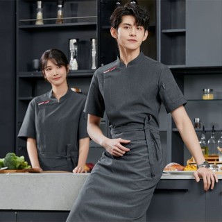 時尚灰色廚師制服短袖餐廳廚師夾克女/男咖啡廳餐飲服務烹飪服裝酒店工作服