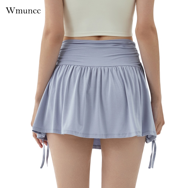 Wmuncc 百褶運動短裙女士高腰跑步防眩光網球裙假兩件健身瑜伽短褲