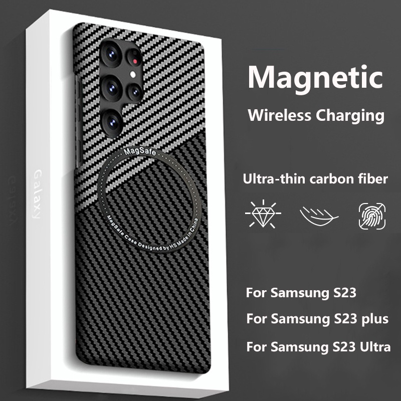 適用於三星 Galaxy S23 Plus Ultra S22 5G 超薄碳纖維保護套 Magsafe 磁性無線充電保護
