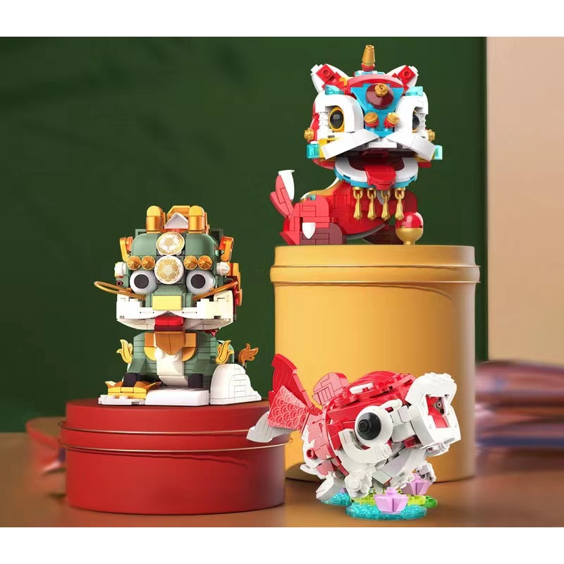 JAKI積木國潮神獸麒麟中國錦鯉舞獅醒獅拼裝擺件模型生日玩具禮物