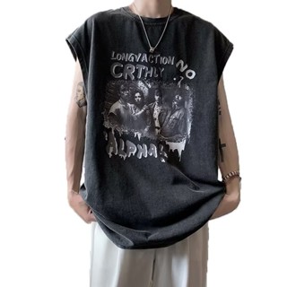 歐美高街hiphop水洗無袖背心男 M-5XL 大尺碼 夏季無袖寬鬆印花上衣潮 男女同款 現貨