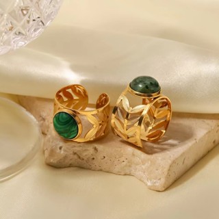 Gold STAR 18K 金鈦天然石葉戒指女士綠松石孔雀石戒指嘻哈珠寶可調節