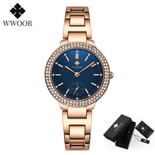 WWOOR 女士手錶頂級品牌奢華鑽石玫瑰金腕錶-8854