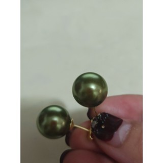 AAA 14mm 圓形南海綠貝殼珍珠耳環 14k 填充金