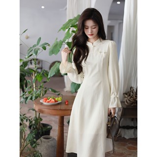 【橙小姐服裝店】新中式洋裝 改良版旗袍 S-2XL 2024年春秋新款顯瘦溫柔長袖法式裙子中長款