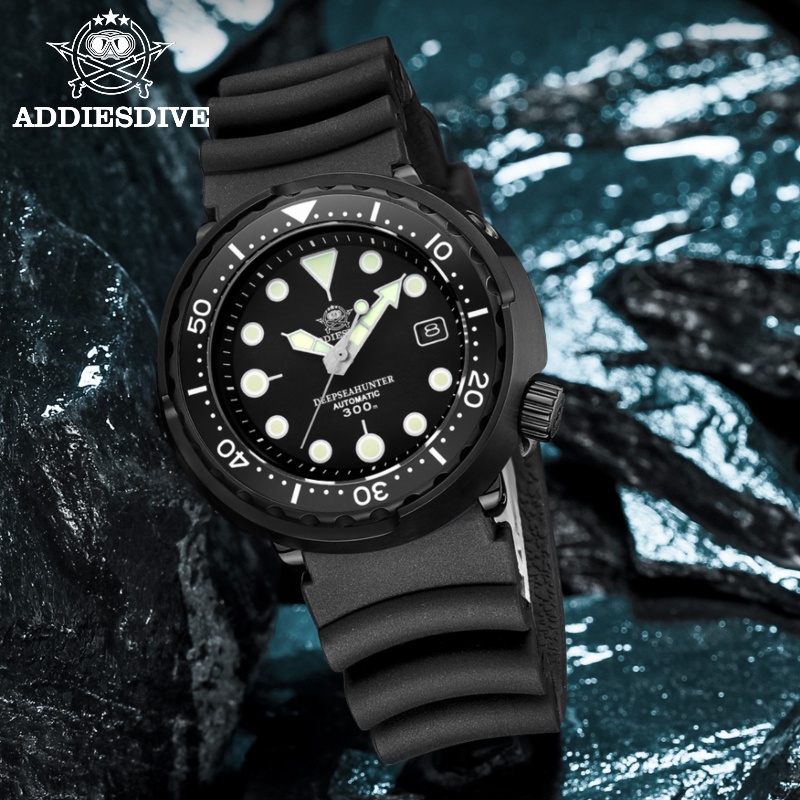 Addiesdive MY-H5 黑色男士 NH35 自動手錶黑色錶殼橡膠錶帶超級夜光手錶 300m 潛水藍寶石水晶金槍